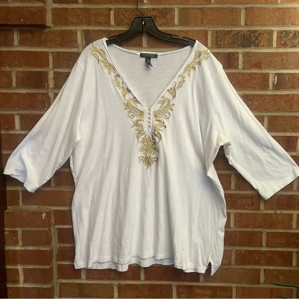 Lauren Ralph Lauren Women 3x Light Weight White Gold Embroidered 3/4 Sleeve Top